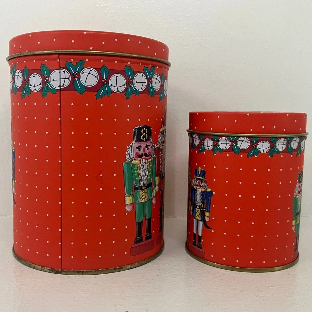 Christmas Nutcracker Red Nesting Metal Cookie Tin Holiday Trinket Storage Setof2